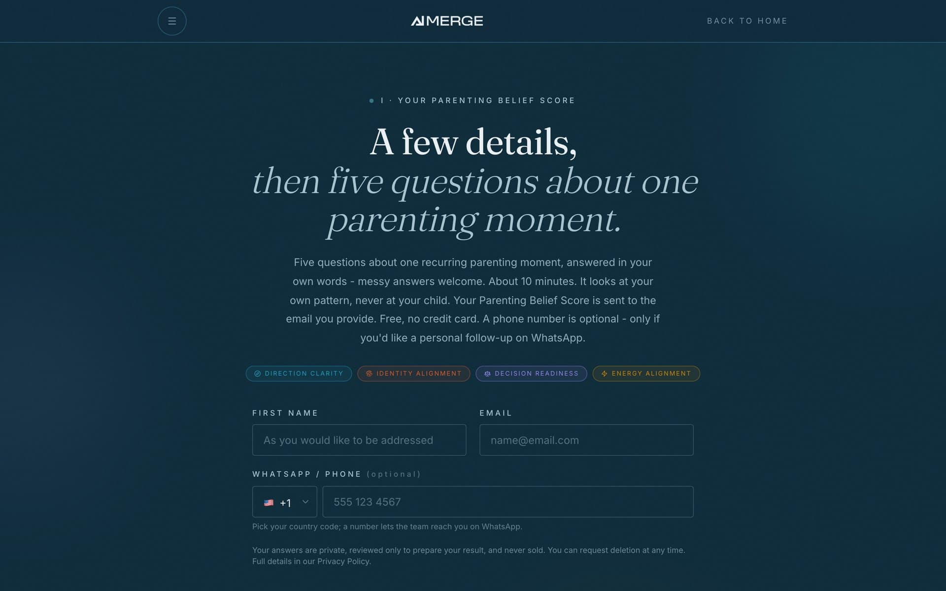 The opening screen of the live assessment: your name, your email, and the four dimensions your score will cover.