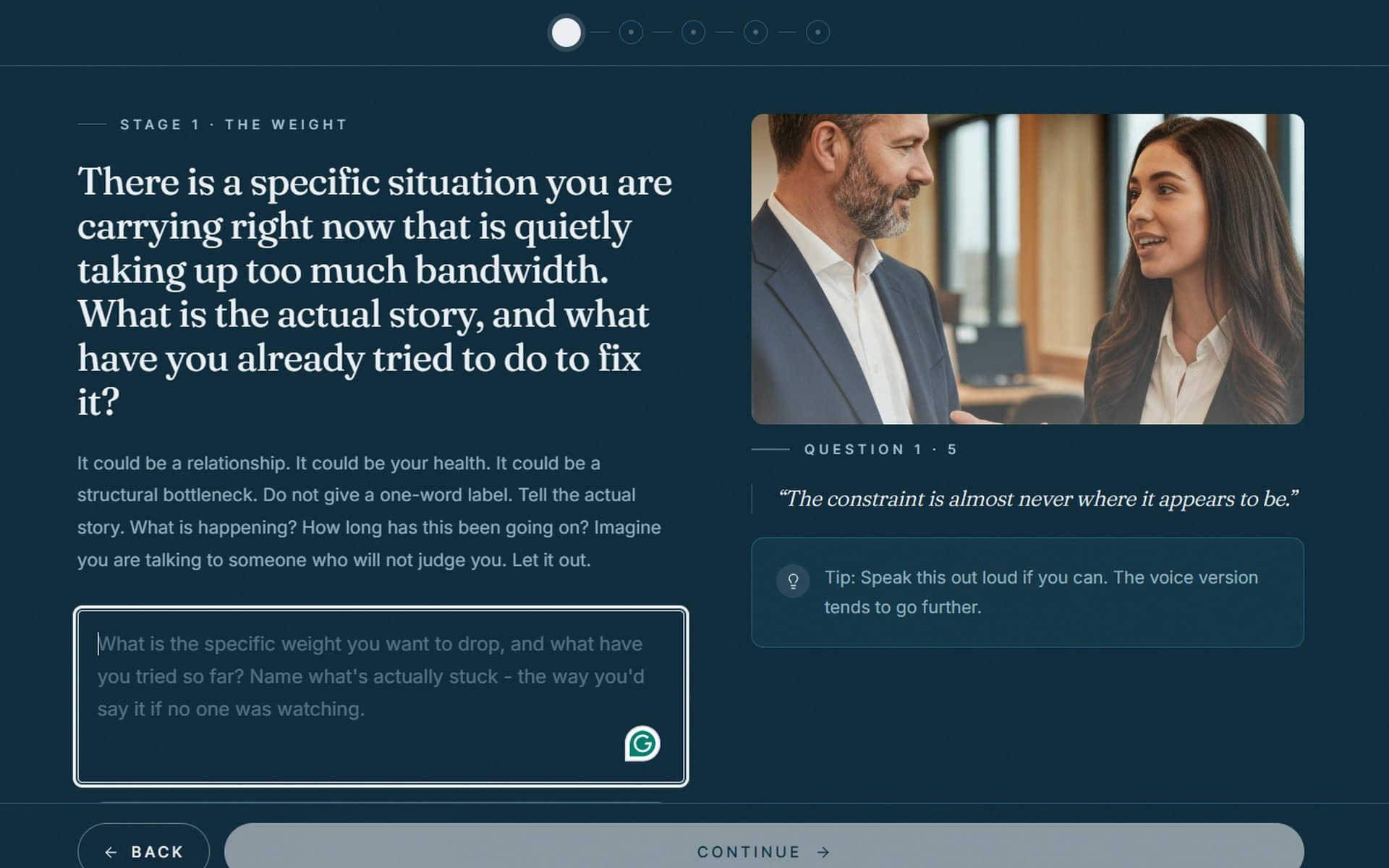 A question screen showing a single open question with room to type your answer in your own words.